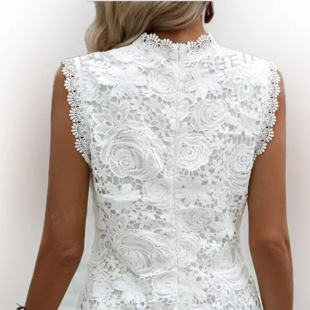 Lace crochet blouse sleeveless top white lined wedding shirt T 4 boho bohemian - Picture 3 of 5